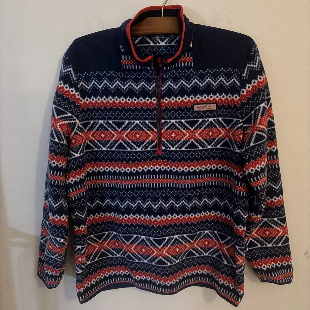 Men's Vineyard Vines Fair Isles Fleece Pullover Sweater 1/4 Zip Blue Red Large